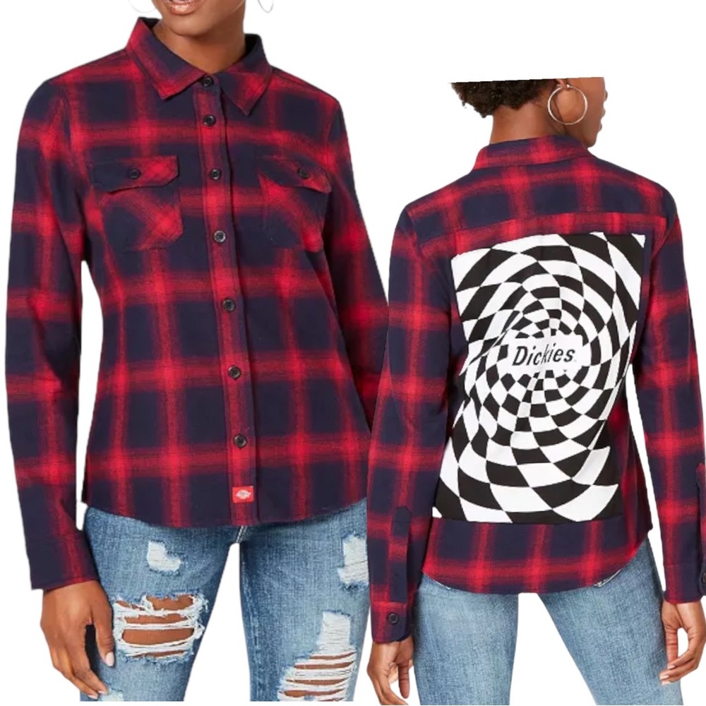 Dickies Juniors Plaid Cotton Logo Graphic Flannel Shirt (L)